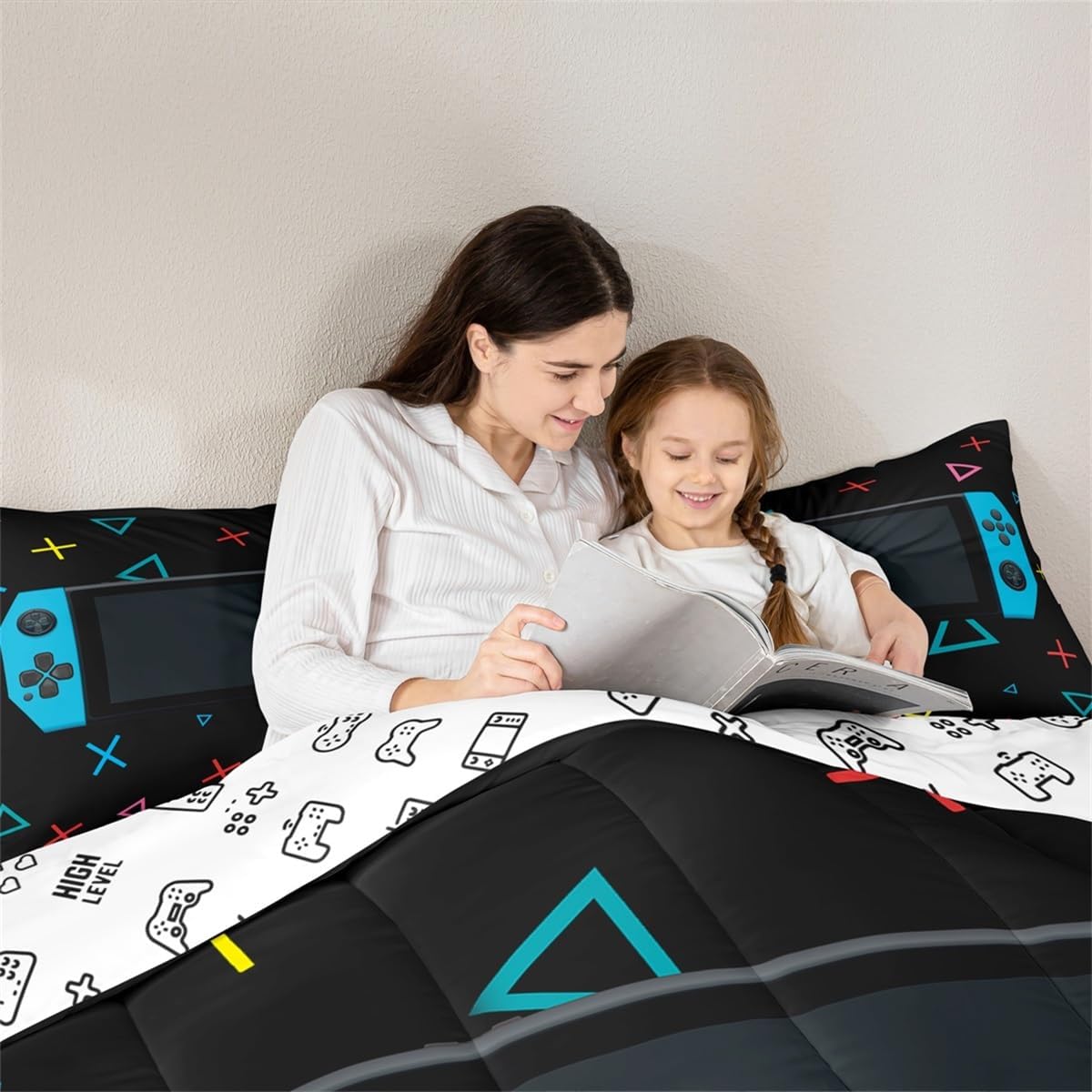 Feelyou Gamer Comforter Set for Boys Bedroom Kids Toddler Gaming Bedding Set Video Game Comforter Twin Size Home Decor Curtain Geometric Triangle Circle Quilted Duvet Set with 1 Pillow Sham Colorful