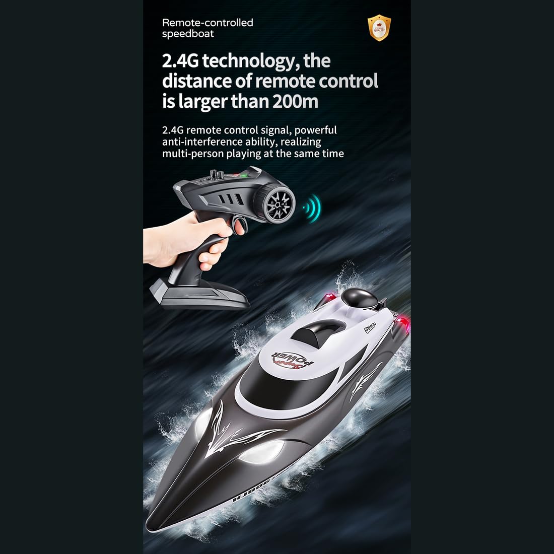 NULA 35KM/H RC Rennboot Für Pool, See, Fluss & Teich,2,4GHz Ferngesteuertes Boot Mit LED Beleuchtung, Kenter-Rückstellung Per Knopfdruck, Reichweitenwarnung/RTR Ausstattung-Schwarz