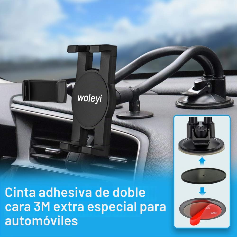 Soporte Movil Coche Doble, Soporte Tablet Coche Parabrisas Salpicadero | Soporte Coche con Ventosa Ajustable Cuello de Cisne, para iPad Pro Air Mini, iPhone 17 Pro Max y 4-11" Teléfono Tablet