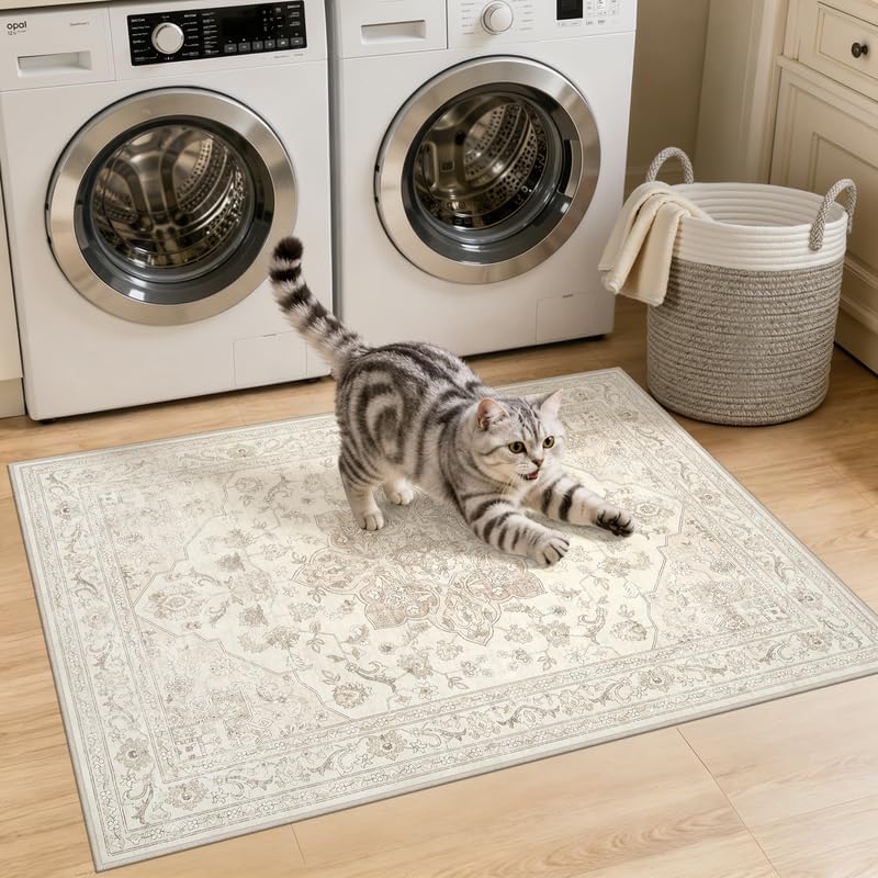 Washable Area Rugs 2x3: Living Room Bedroom Carpet Beige White | Vintage Boho Soft Small Indoor Decor Floor Non-Slip Low Pile Neutral Farmhouse Entryway Laundry Bathroom Bedroom Beside Rugs thumbnail