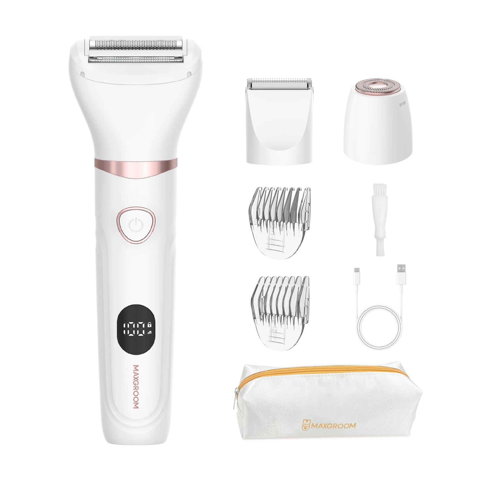 MAXGROOM Elektrischer Rasierer für Frauen – 3-in-1 Wet & Dry Intimtrimmer – Elektrorasierer mit LED-Display, Keramikklinge & 4 Aufsteckkämmen