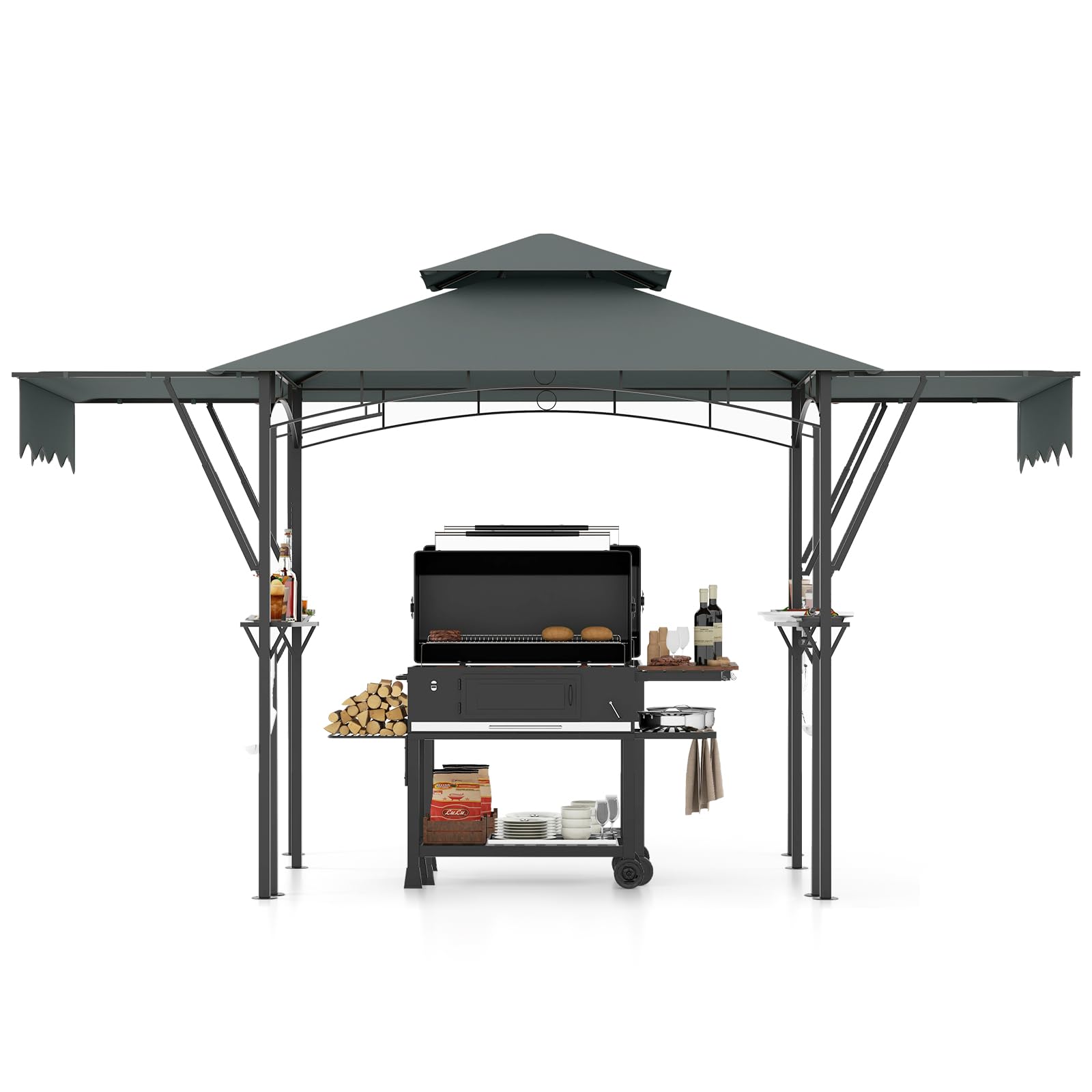 COSTWAY 2.5M (8ft) Grill Gazebo, Fire Resistant Waterproof Outdoor BBQ Shelter with 2 Side Shelves, Hooks and Bottle Opener, Double Tiered Grill Canopy for Patio Garden (Grey, with Dual Side Awning)