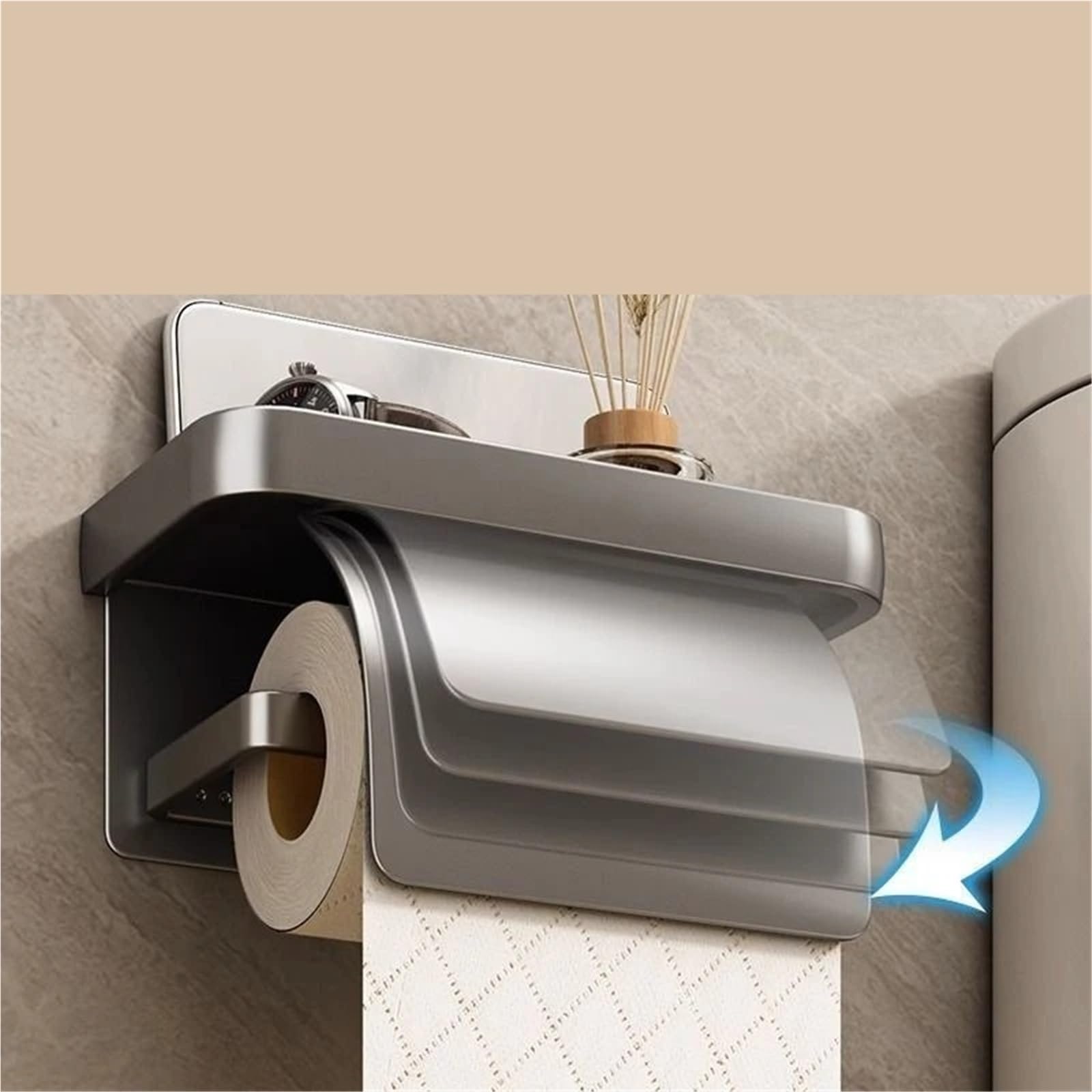 Portarotolo WC adesivo con mensola Porta carta igienica senza foratura | Ripiano portaoggetti for dispenser di fazzoletti for carta in rotolo for bagno(JS A silvery rack)