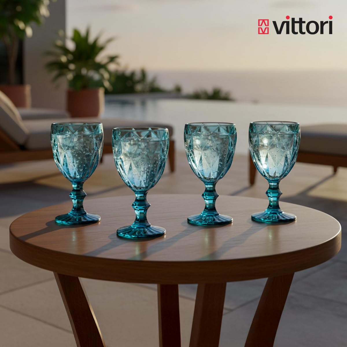 VITTORI, Set mit 6 Vintage geschnitzten Kristall Gläsern, kobaltblaue Weingläser, 245 ml