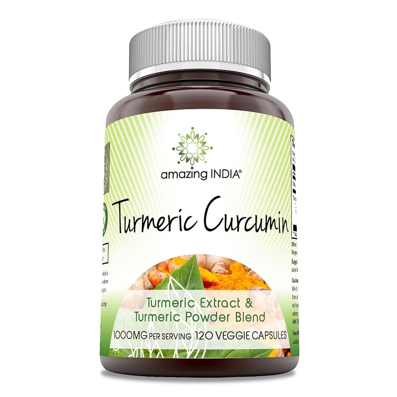 Amazing India Suplemento de cúrcuma em pó e extrato de cúrcuma, 1000 mg por porção, 120 cápsulas vegetais