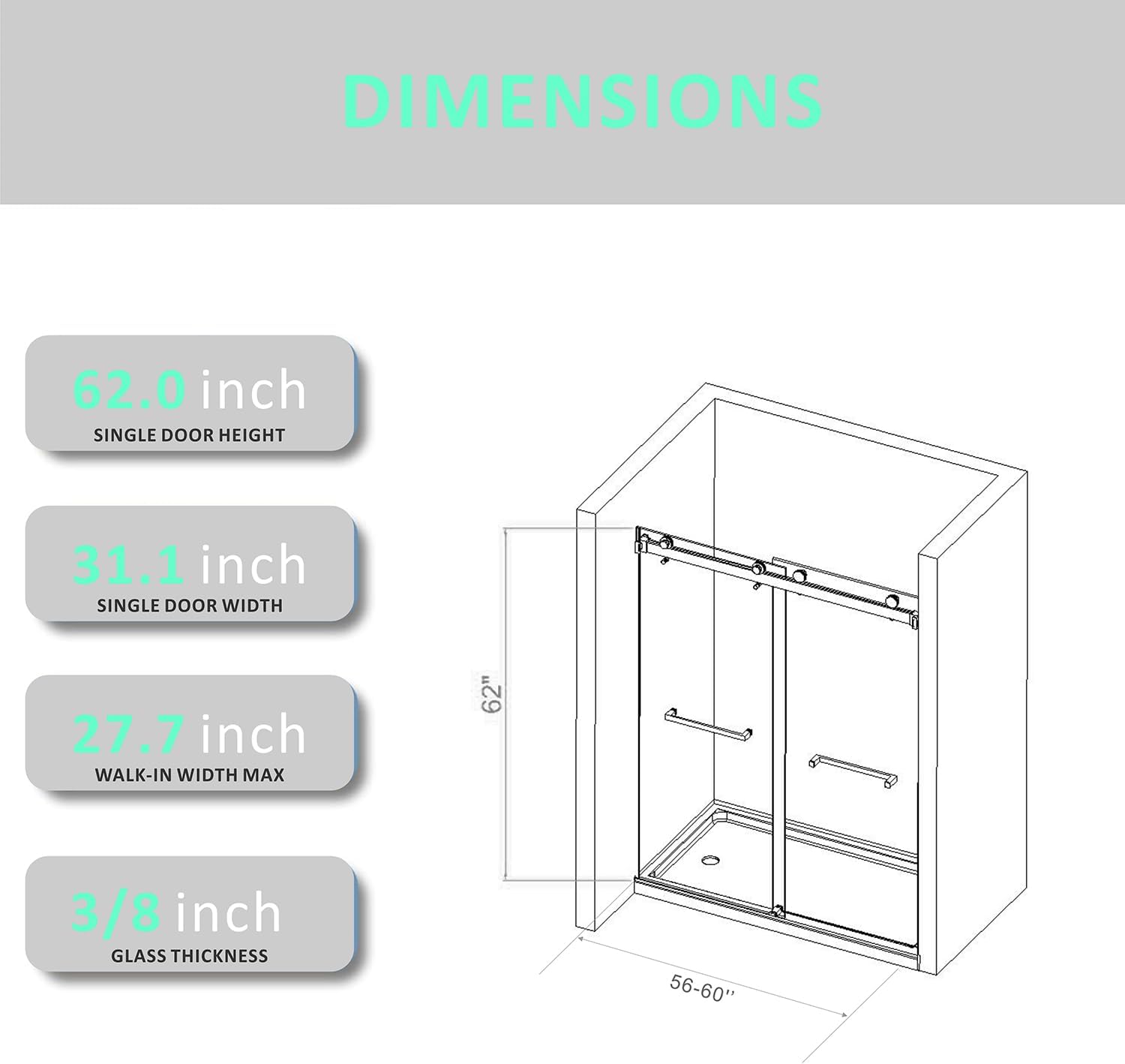 Brushed Gold Shower Door Tub with 3/8" (10mm) Clear SGCC Tempered Glass,56-60'' W x 62'' Frameless Double Sliding Bathtub Glass Shower Door,Anti-Rust Stainless Steel Handles