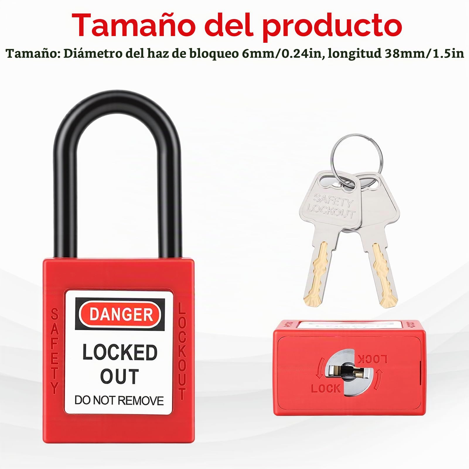 Pack 5 Candados de Seguridad 38mm, Nailon Aislante, 10 Clave,Rojo | Etiqueta de Advertencia, Retención de Llave Liviana para el Sitio Industrial, Adecuado