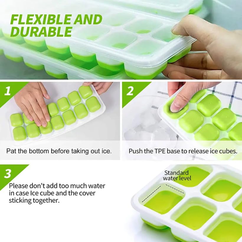 Image of Ice Cube Tray 4 Pack with Removable Lids - Silicone Ice Cube Trays For Freezer - BPA Free, Easy Release and Flexible - Covered and Great For Stacking (Green)