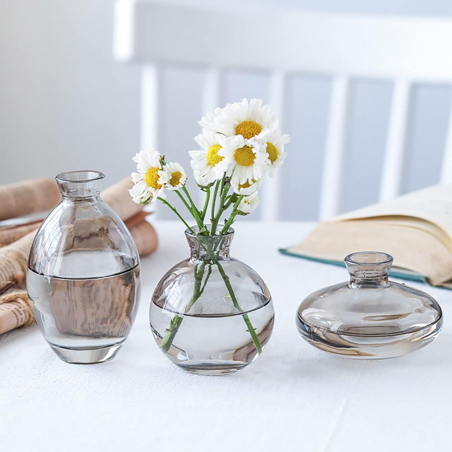 Modern Decorative Mini Flowers Vases, Glass Bud Vase Set of 3, Cute Small Clear Vases, Handmade Glass Flower Vase for Floral Arrangements, Tiny Centerpiece for Home Office Wedding Party(gray)