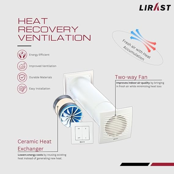 100mm Single Room Heat Recovery Ventilation System - 4 inch Decentralised MVHR Unit - Wall Heat Recovery Fan with Ceramic Air Heat Exchanger - Heat Extractor Fan with Switch