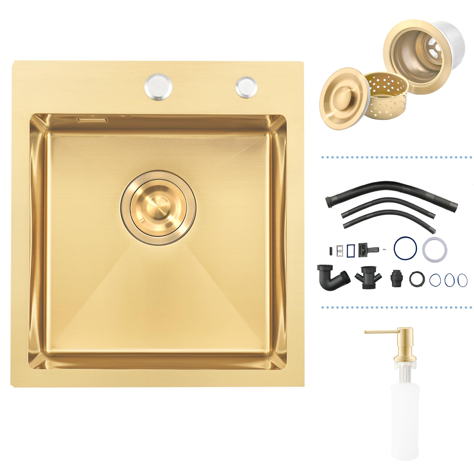 Gold Bar Drop in Kitchen Sink, 45 x 45 cm, RV Small Stainless Steel 16 Gauge Topmount Small Sink, Single Bowl Gold Wet Bar Outdoor Campervan, Basin with Drain Strainer.Soap Dispenser