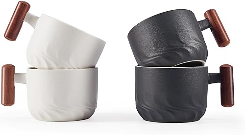 Juego de 4 tazas de café de cerámica de 2.5 onzas con mango de madera, tazas de café pequeñas de doble chupito