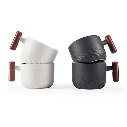 CLASGLAZ 6oz Ceramic Espresso Cups with Wooden Handle, Small Coffee Cups for Latte Cappuccino, Tea Cups set of 4