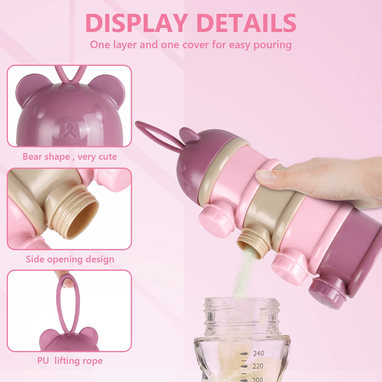 Vicloon Dosatore per Latte in Polvere, Dispenser di Latte in Polvere con 4 Scomparti, Impilabile Contenitore Spuntino e Dosalatte in in Polvere per Viaggio, Cereali, Frutta (Rosa)