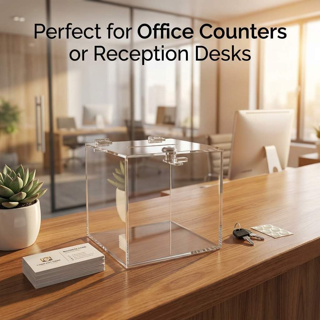 QWORK Acrylic Donation & Suggestion Box 6x6x6 Inches – Clear Lockable Design for Office, Event & Counter Use