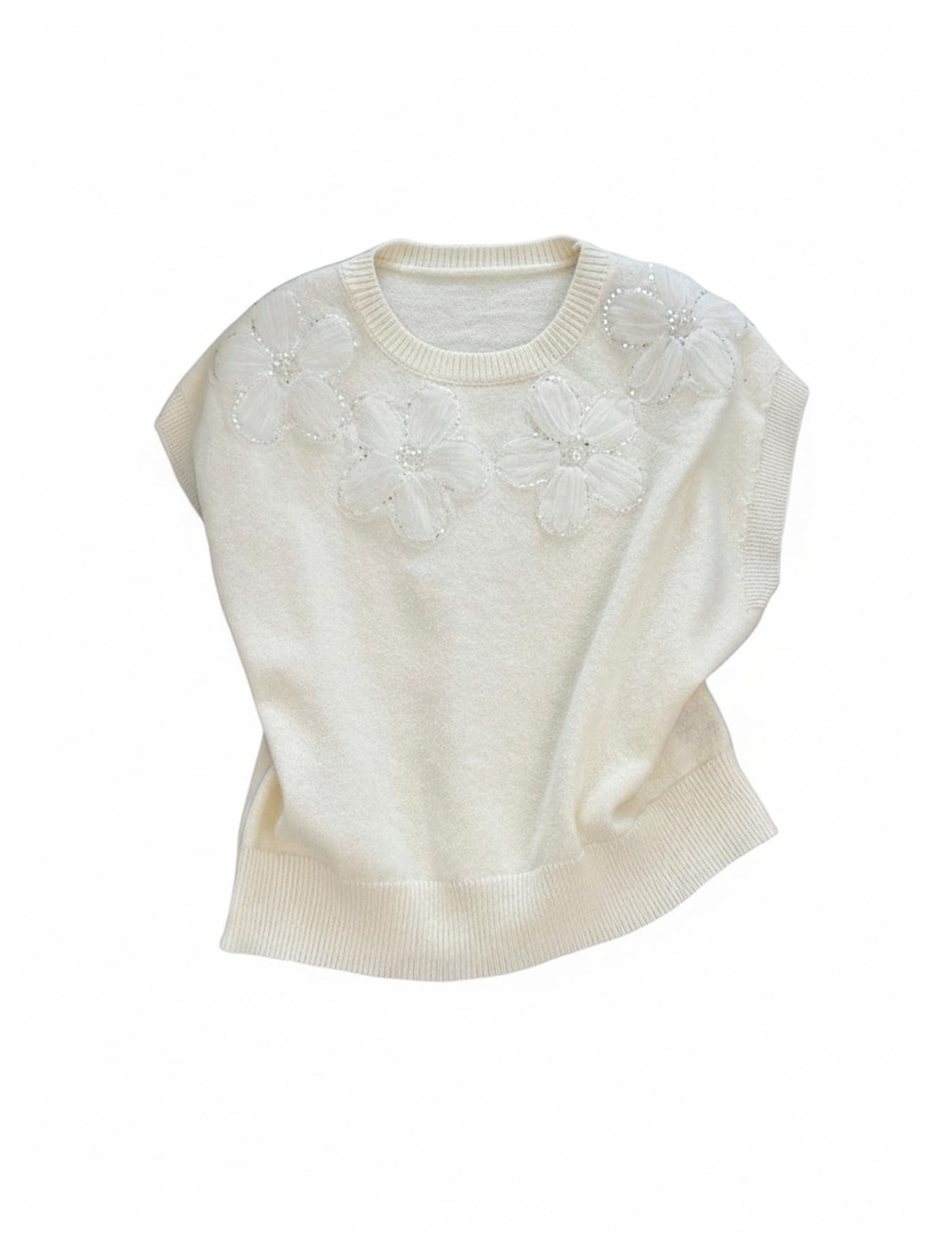 SOLY HUX Womens Short Sleeve Sweater 3D Floral Sweaters Pullover Tank Tops Knit Vest Trendy Fashion Clothing Apricot