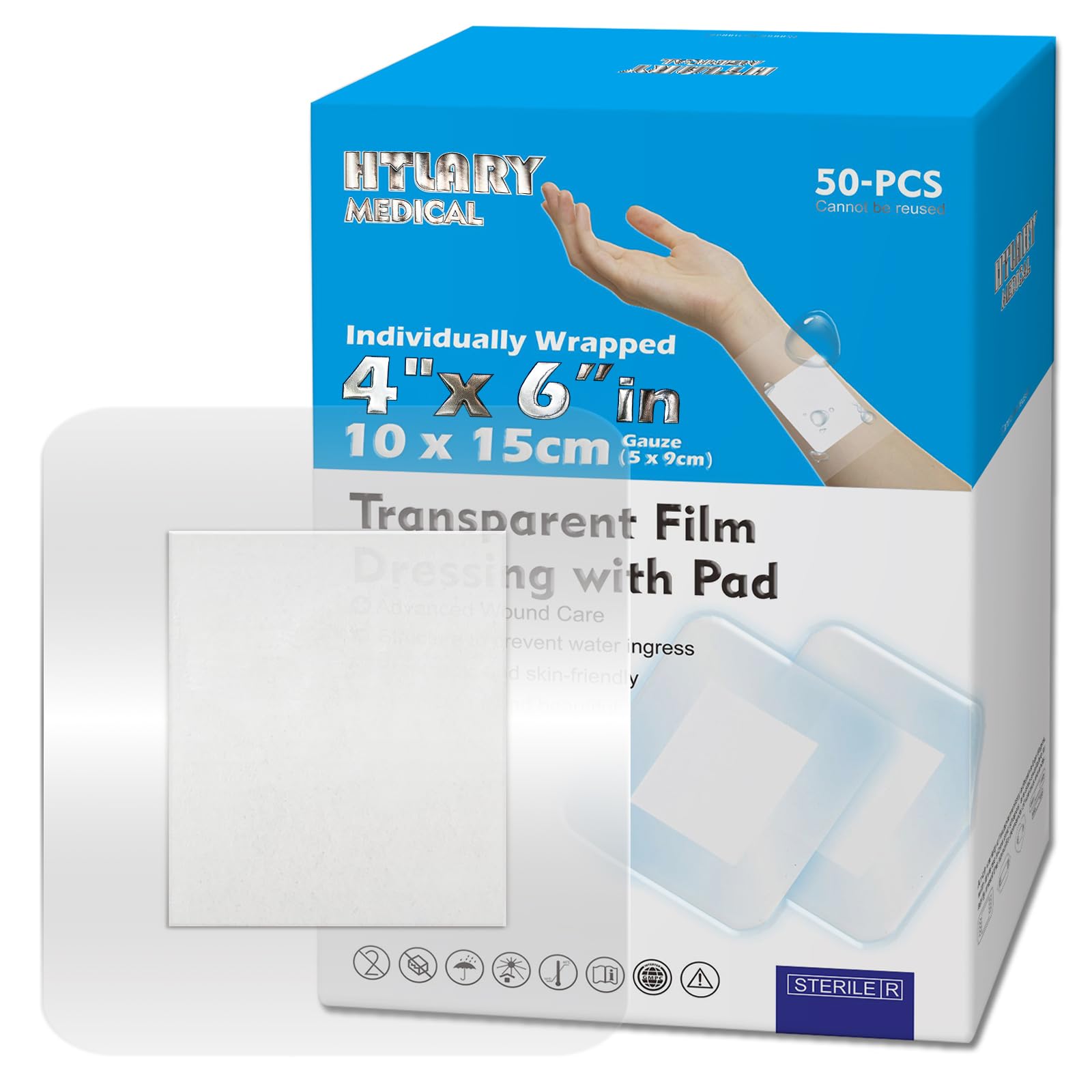 Lot de 50 pansements adhésifs stériles imperméables avec coussinet absorbant pour plaie post-opératoire, barrière de protection pour peaux sensibles (10,2 x 15,2 cm)