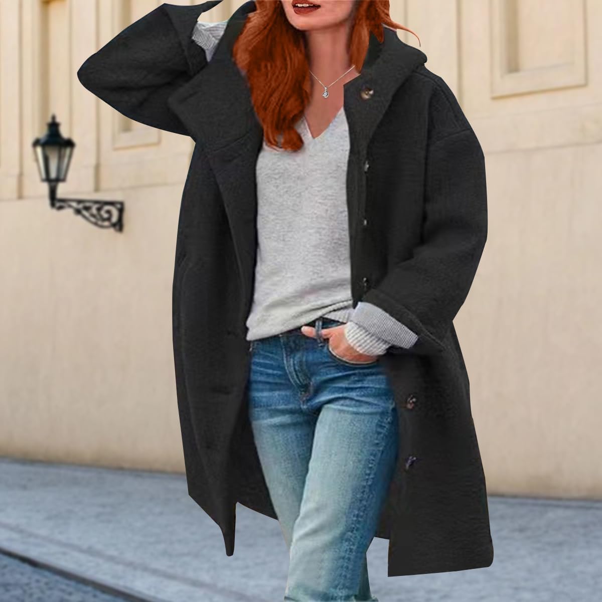 Zhyaj Womens Wool Fleece Hooded Coat Long Sleeve Button Polo Collar Pea Coat Casual Warm Jacket with Pockets Size S-3XL