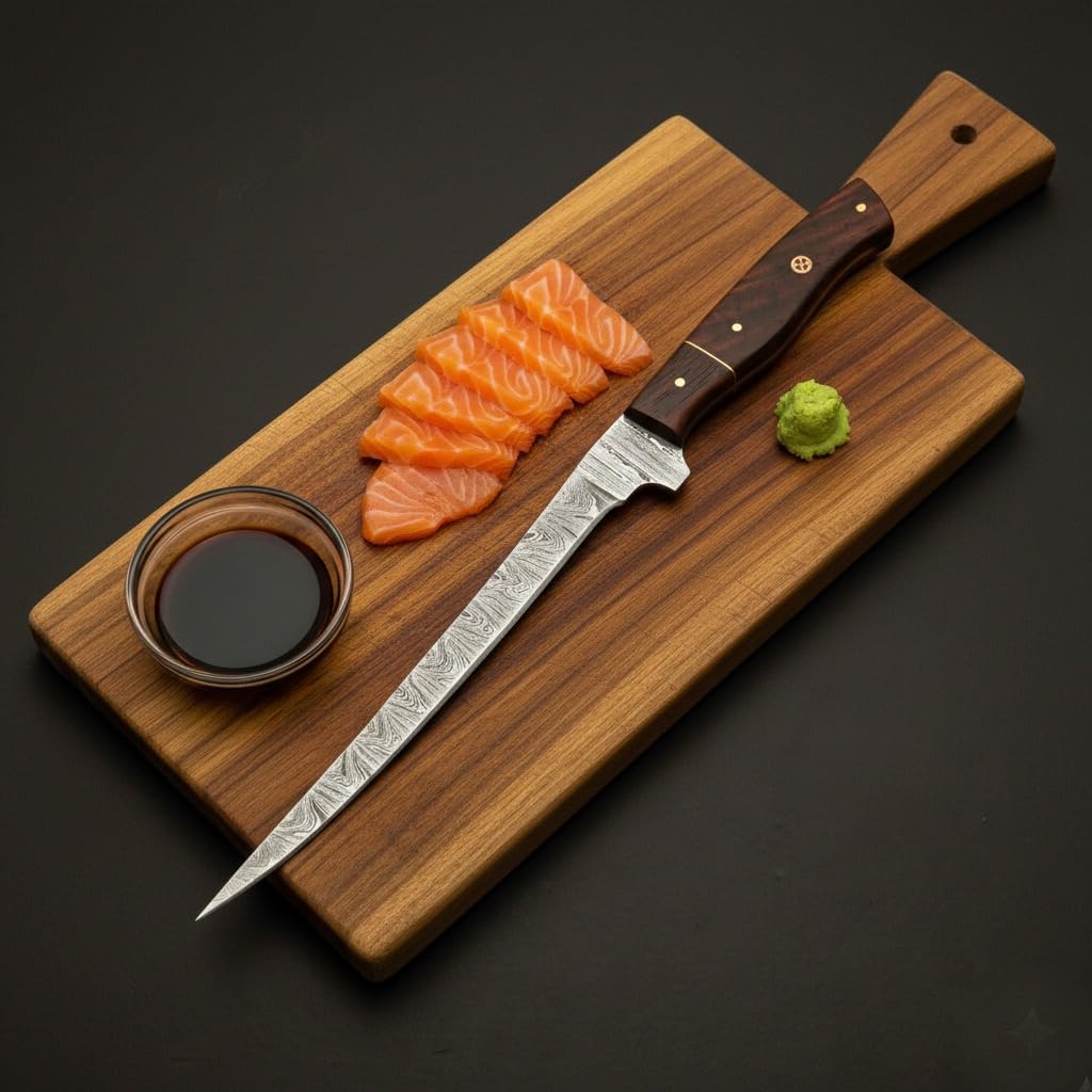 Handmade 3-Piece Damascus Steel Fillet Knife Set – 13”, 12”, 11” Full-Tang Blades with 5” Rosewood Handles – Handmade Fishing, Boning & Filleting Knife Kit for Chef, Outdoor