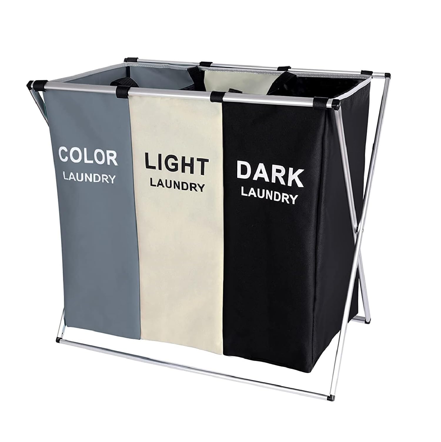 Royalkart 135L Laundry Cloth Hamper Sorter Basket Bin Foldable 3 Sections with Aluminum Frame. Washing Storage Dirty Clothes Bag (White+Grey+Black)