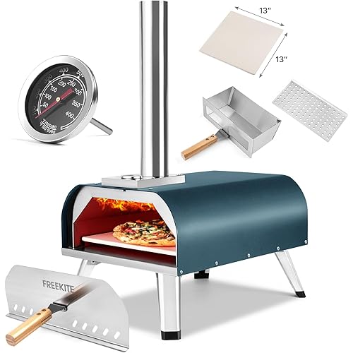 Pizza Oven 13 Inch Outdoor Wood Fired Portable Stainless Steel Pizza Oven with Pizza Stone for Family Outside Cooking Camping Backyard BBQ Pizza Maker Garden Kitchen(Blue-gery 13IN)