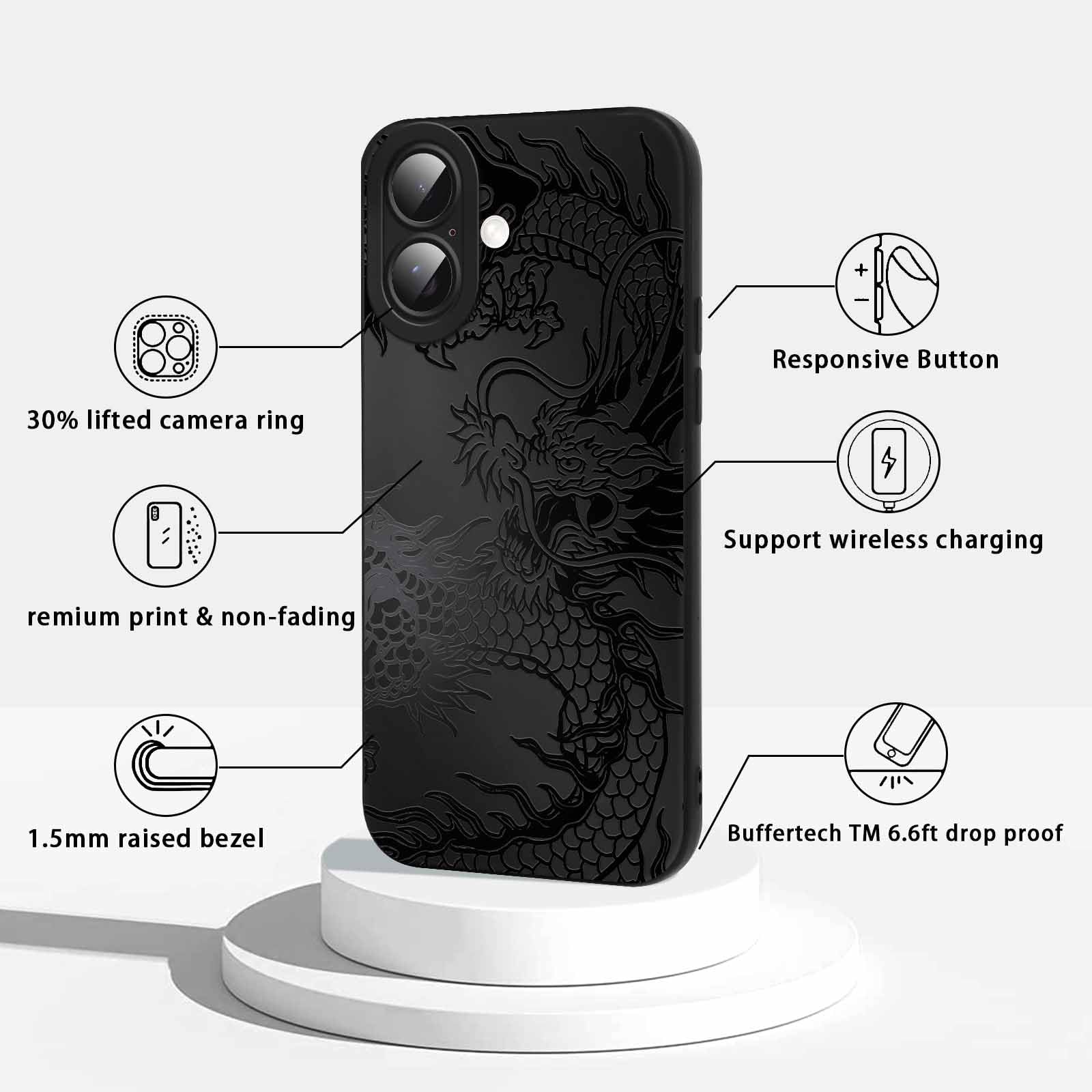 Custodia Per IPhone 16 Pro Con Drago Nero - Design Estetico Vintage, Antiurto In TPU, Ricarica Wireless, Regalo Per Ragazze