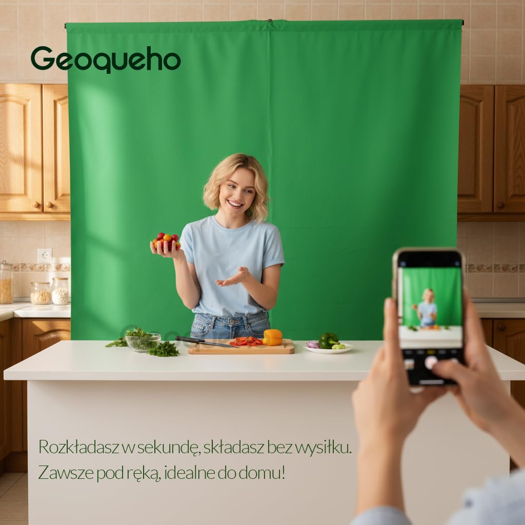 Zielony Ekran Tło do Zdjęć i Wideo ze Stojakiem 3.5x1.5m – Bez Zagnieceń, Przenośny Zestaw Chromakey do Streamingu, Gaming, YouTube, Zoom, Nagrywania, Fotografii (150x350cm)