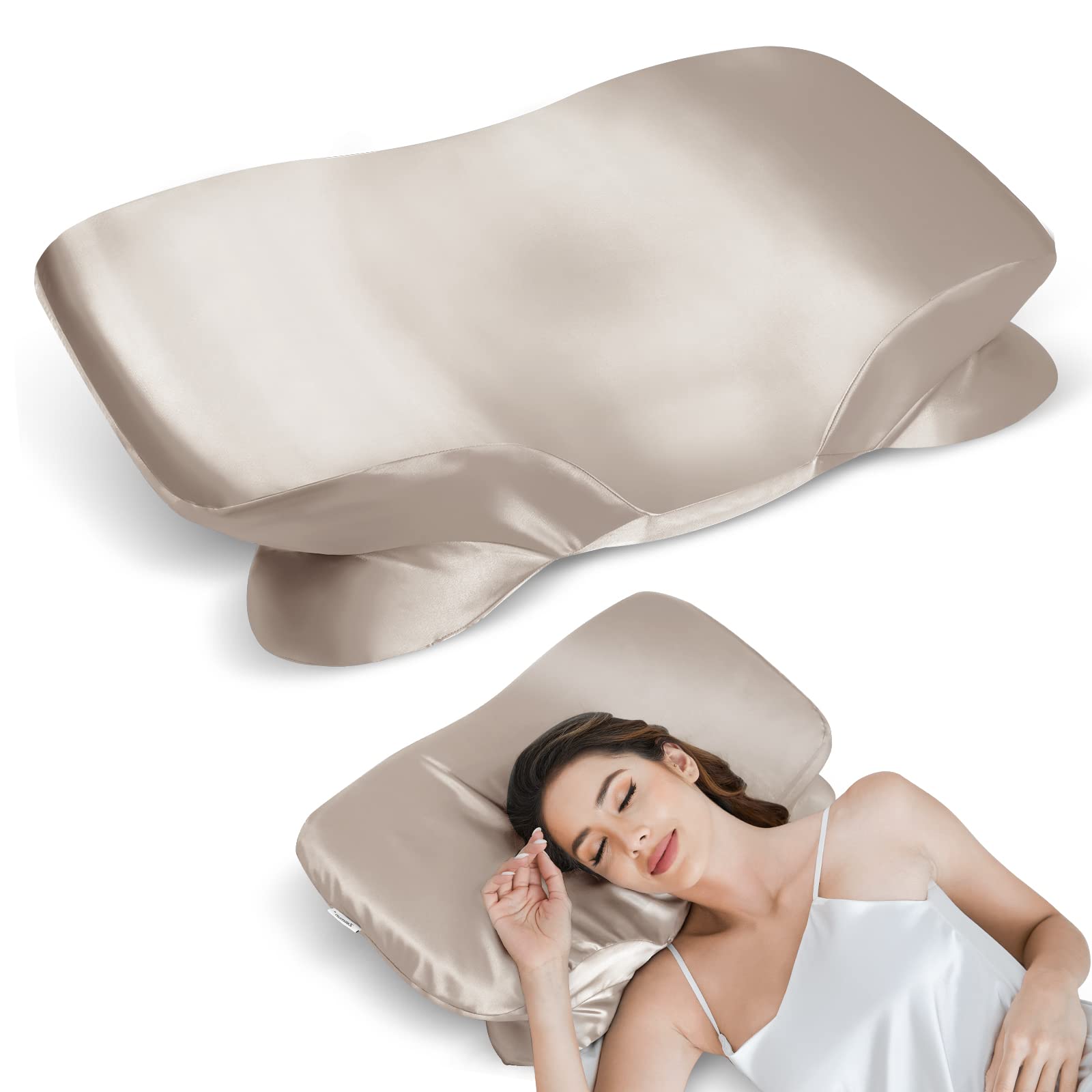 Zelimun Orthopedic Pillow with Luxury Satin Pillowcase, Memory Foam Pillow for Neck and Shoulder Pain, Ergonomic Pillow, Cervical Neck Pillow for Side, Back & Stomach Sleepers (Champagne)