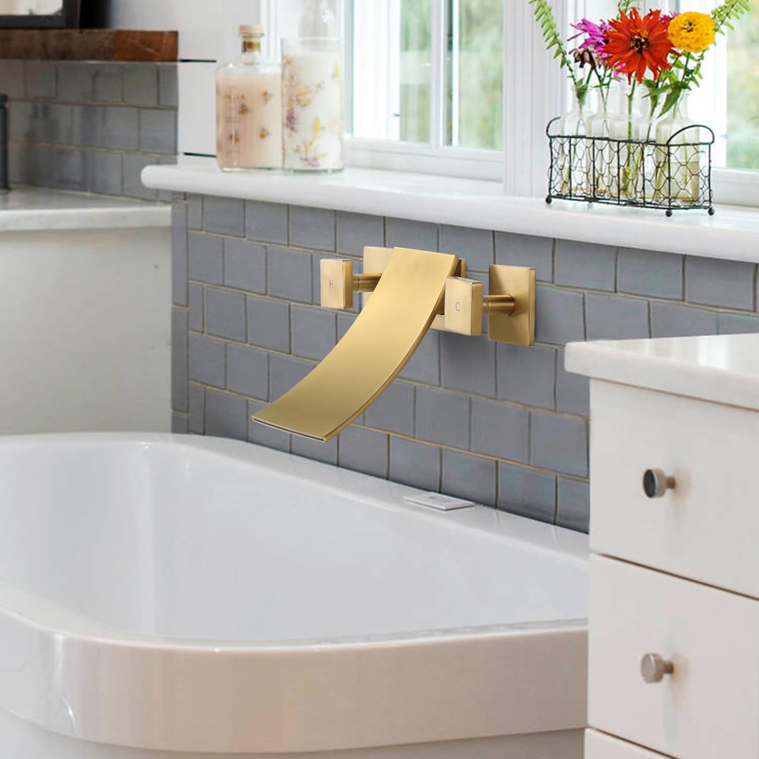 Wall Mount Waterfall Tub Filler, High Flow Bath Tub Faucet 3 Holes Bathroom Faucets Two Handles Solid Brass, Brushed Gold - Image 4
