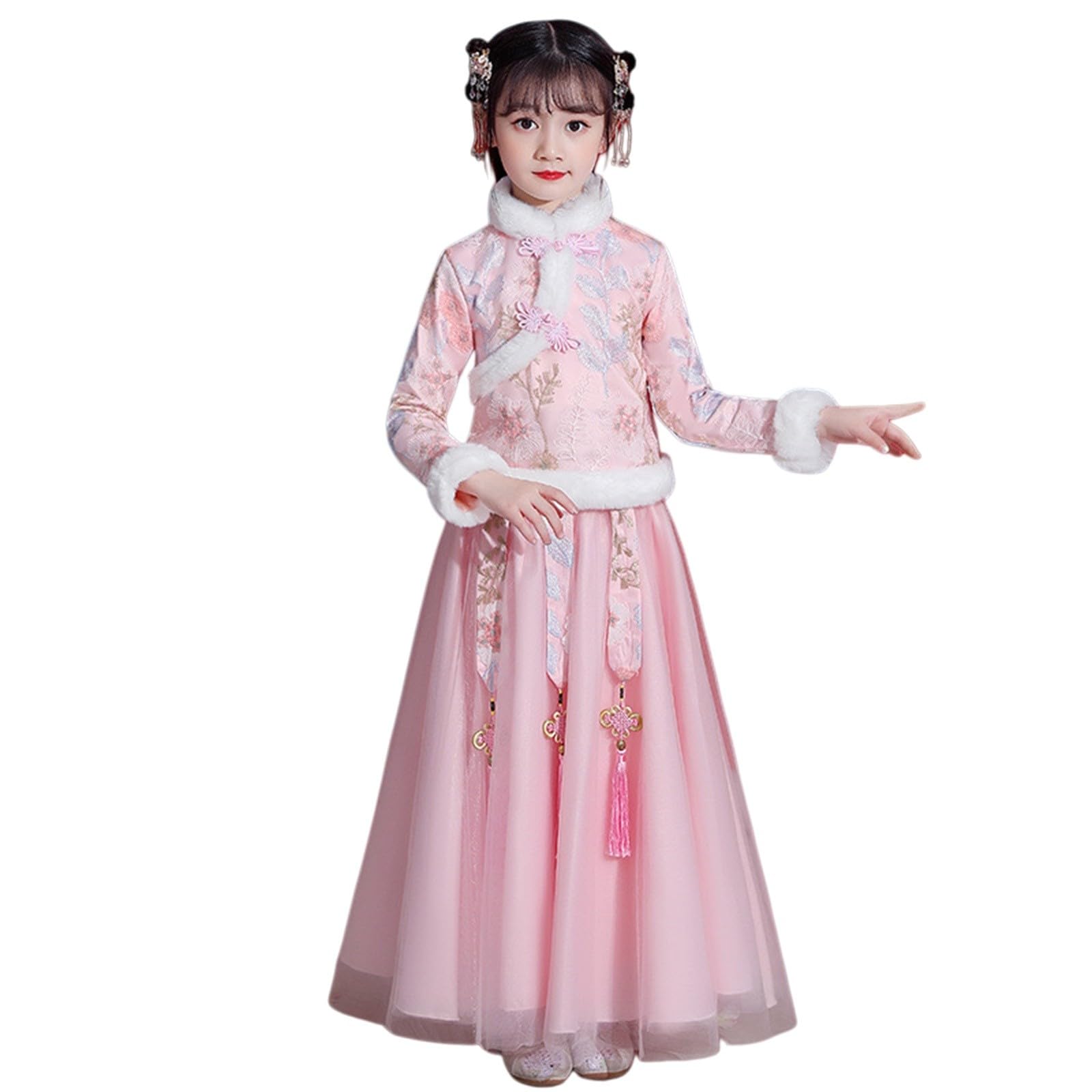 Ragazze Carino Gonna Cinese Abiti 2 Pezzi Ricamo Fiore Compleanno Concorso Abiti Bambini Bambino Polso Pile Polsini Cappotti Mesh Tulle Gonne Pieghe Capodanno Abiti Tradizionali