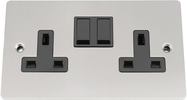 Socket 2 Gang - Satin Matt Chrome - Flat - Black Insert Plastic Switch - 13A Double Wall Plug Socket