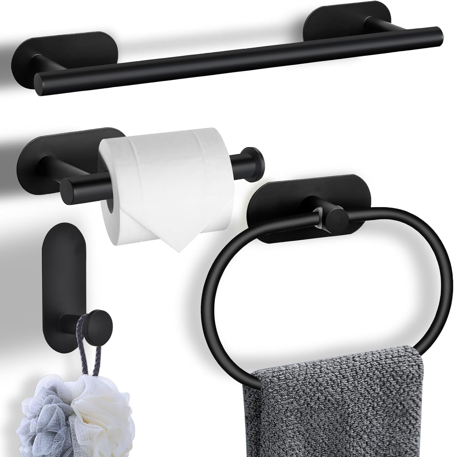 Malory Bathroom Hardware 4 Set, Matte Black Bathroom Hardware 4 Set, Wall Mounted Stainless Steel Towel Bar Set, Include 16" Bathroom Towel Rack, Toilet Paper Holder, Towel Ring, Robe Hooks
