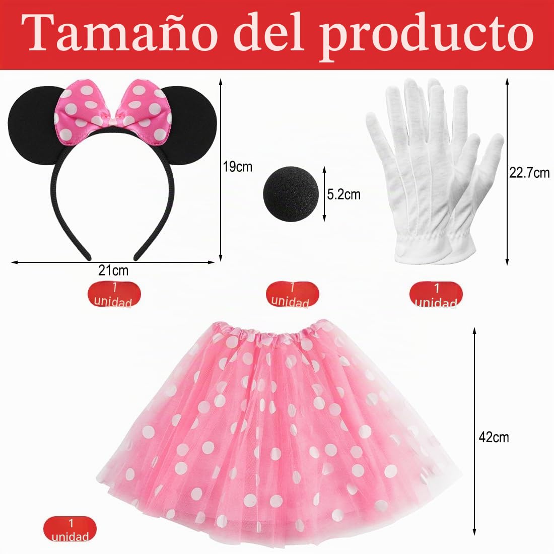 Disfraz De Minnie Mouse Para Mujer – Falda Tutú Rojo Con Lunares, Orejas Con Lazo, Guantes Y Nariz – Ideal Para Carnaval