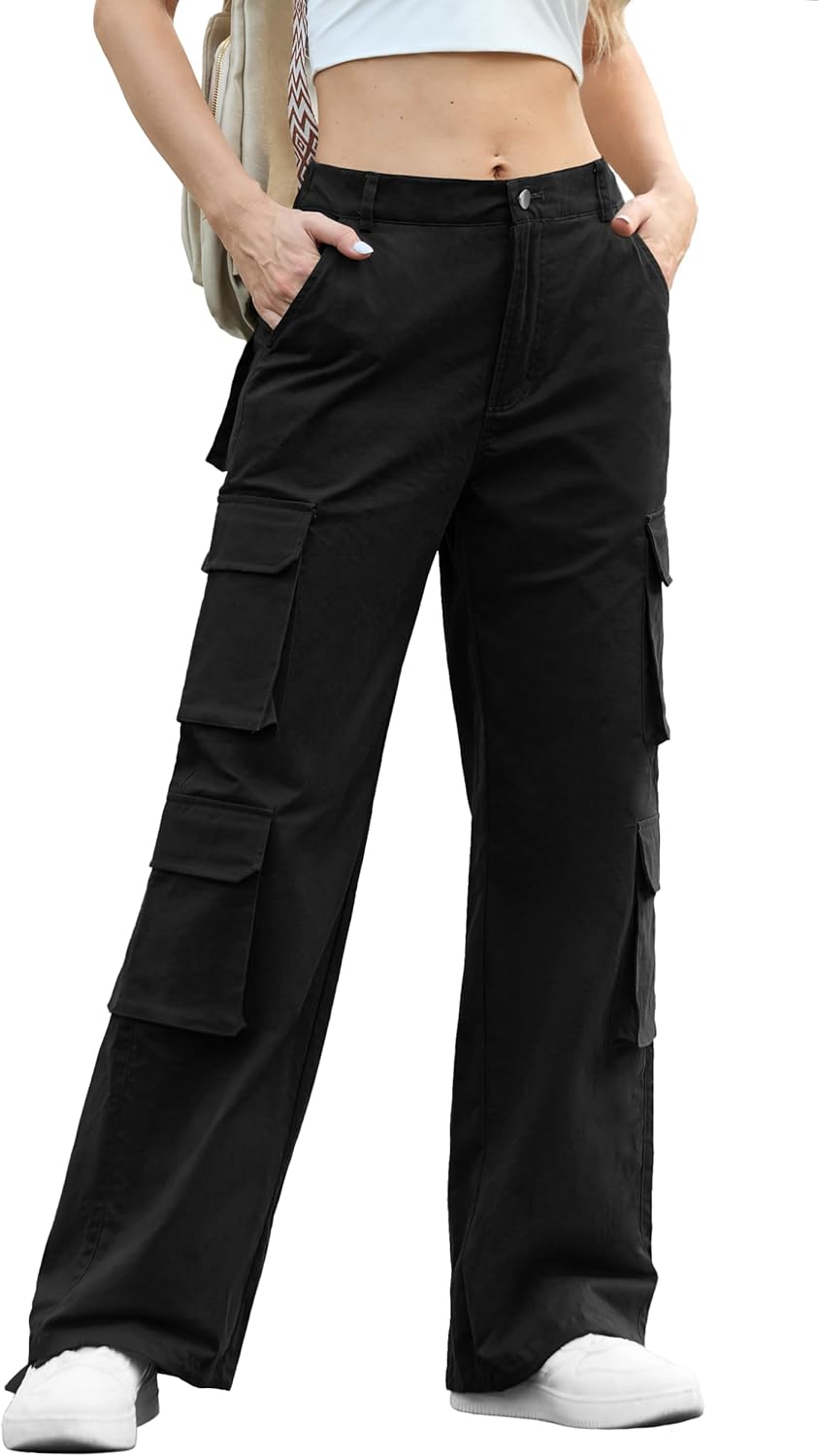 Lepunuo Womens Cargo Pants High Waisted Casual Pants Baggy Stretchy Wide Leg Y2k Streetwear with 8 Pockets