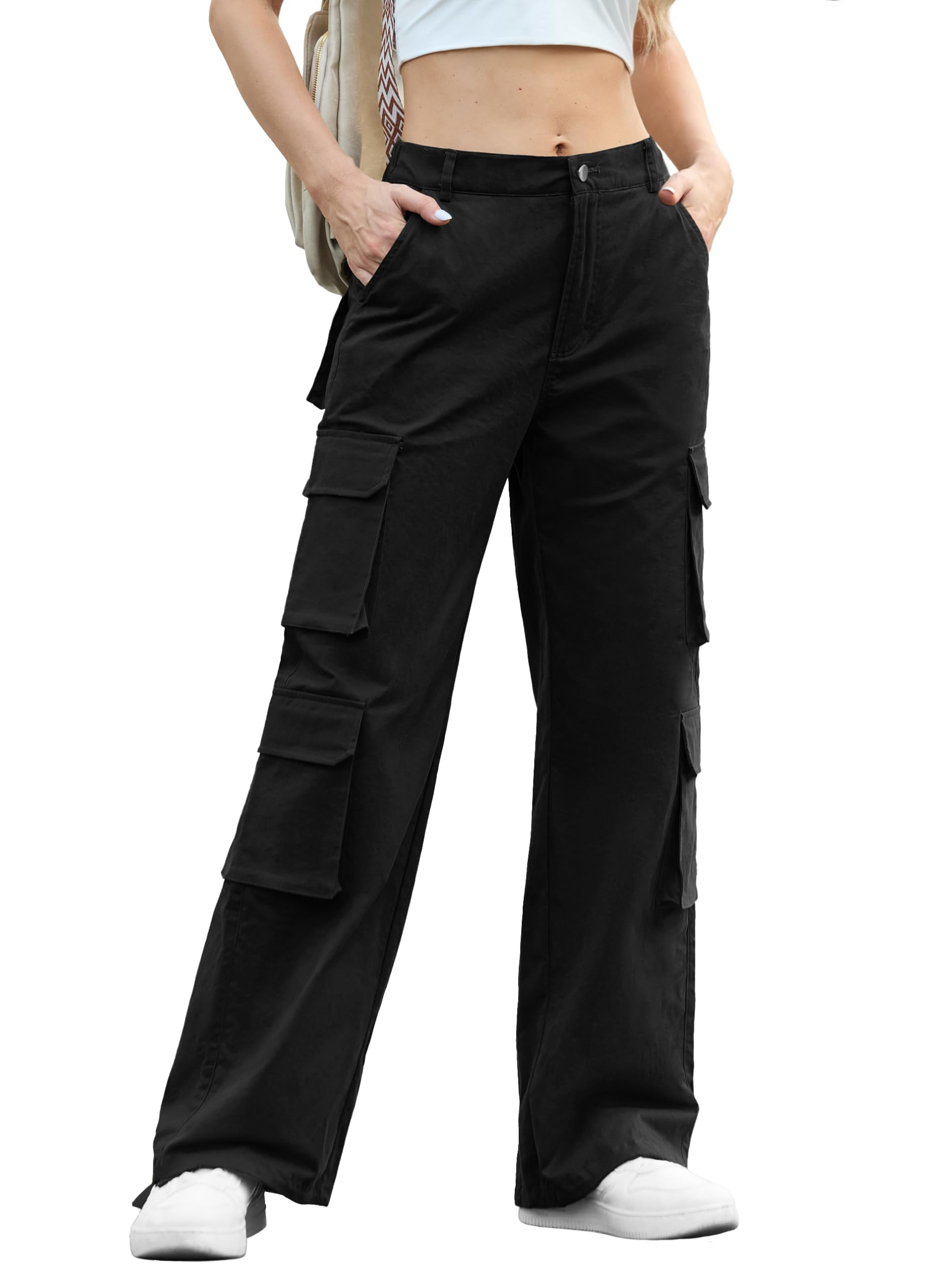 Lepunuo Womens Cargo Pants High Waisted Casual Pants Baggy Stretchy Wide Leg Y2k Streetwear with 8 Pockets