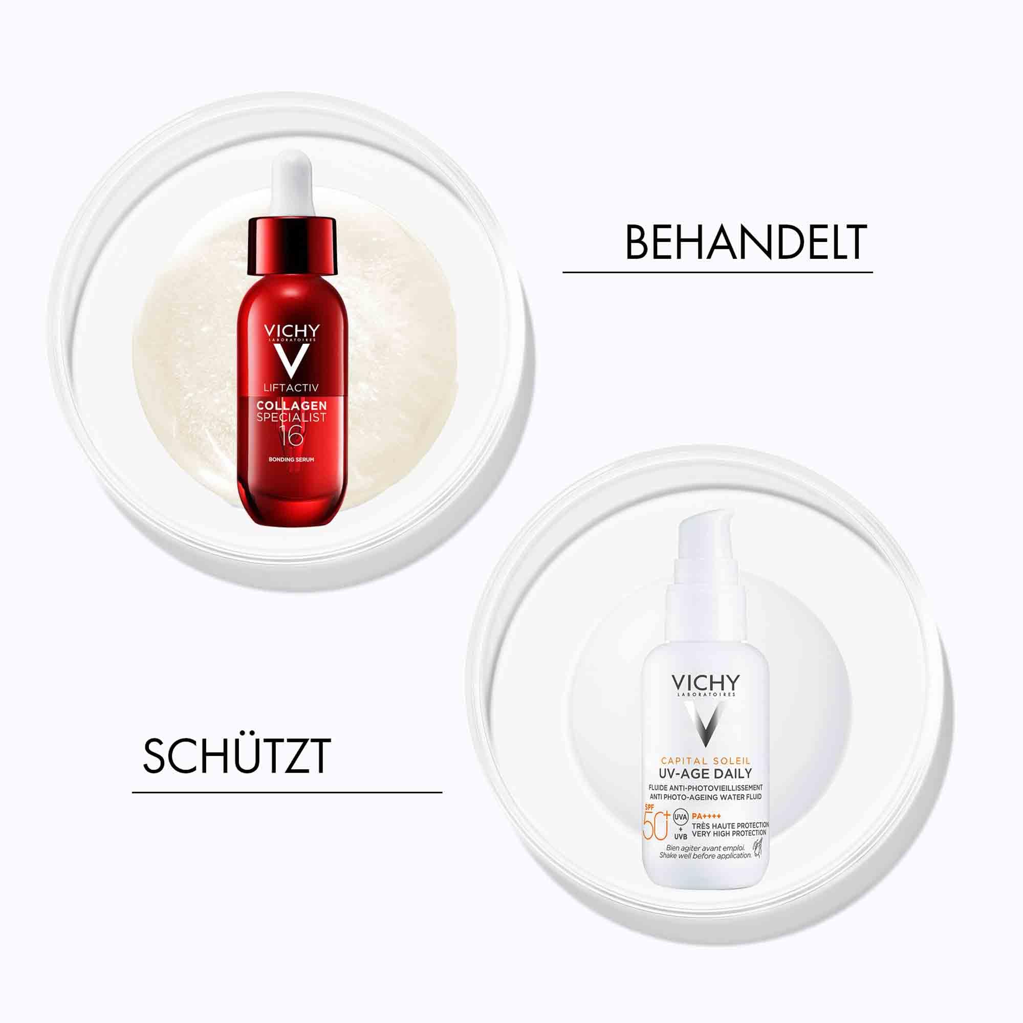 Vichy Set mit Capital Soleil UV Age Daily Fluid und Collagen Specialist 16 Serum, Pflege und Schutz vor lichtbedingter Hautalterung, Mit Peptiden und LSF50+, Für reife Haut, 40 ml + 30 ml