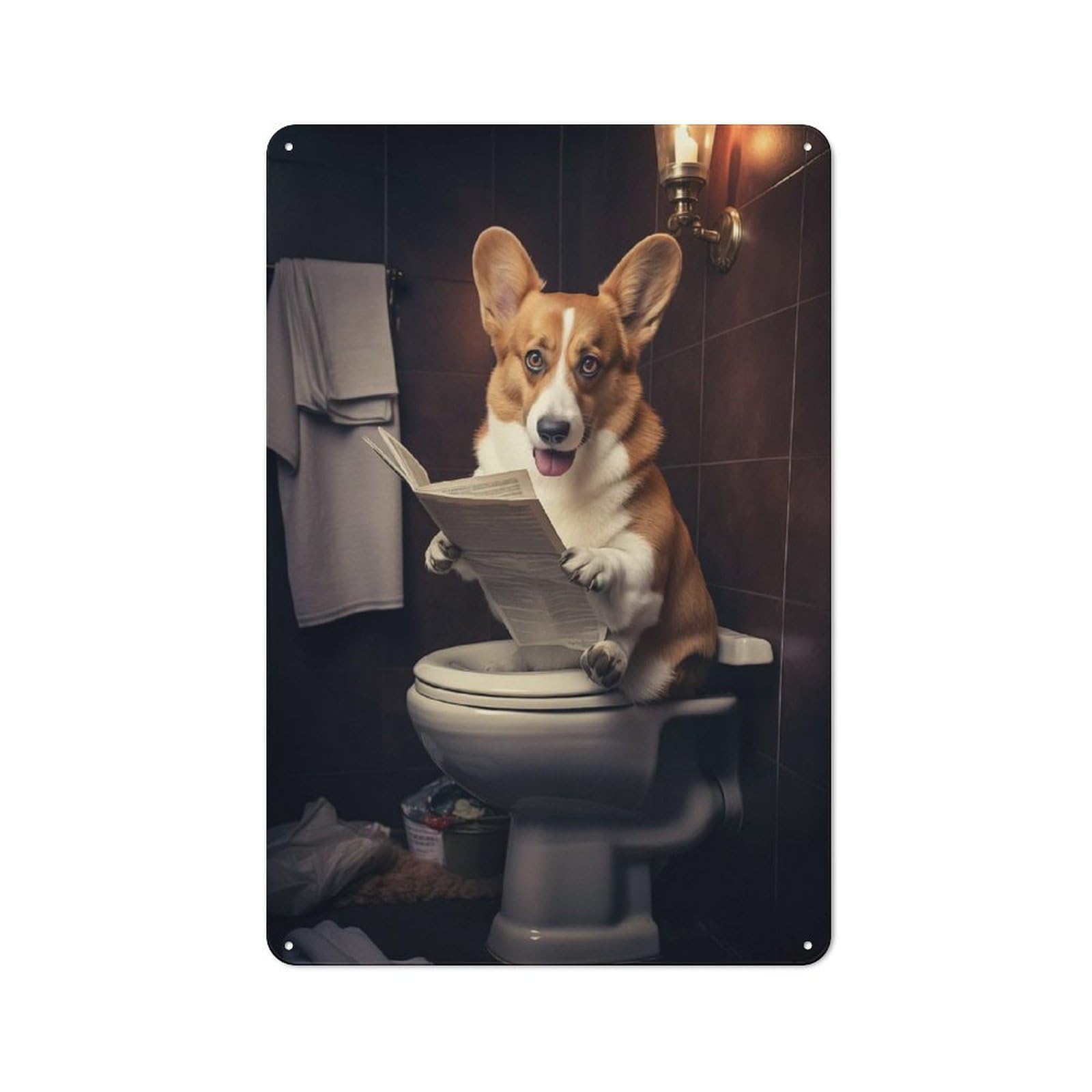 Junmoney Corgi Dog Toilet Newspaper Tin Wall Plaque 30X20cm With For Garage Or Workshop, For An Autumn Wall Display In Garage And Workshop