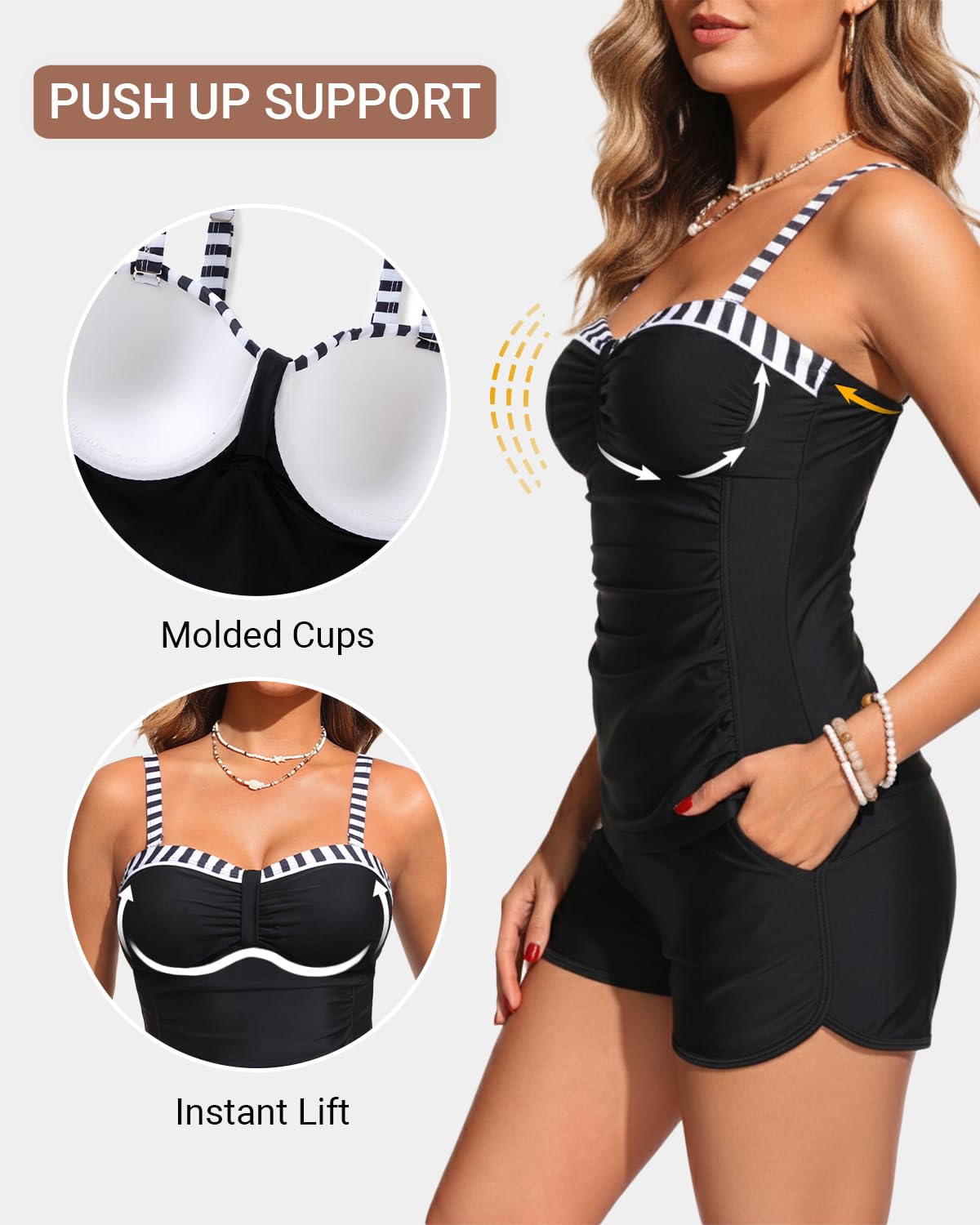 Daci Damen Tankini-Badeanzug mit Bügel und Shorts & Taschen, Bauchkontrolle