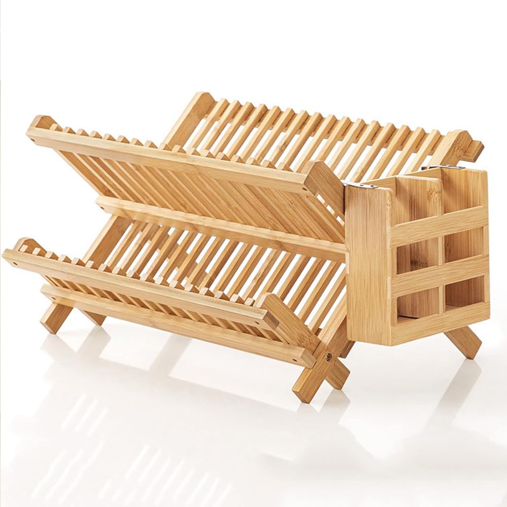 Scolapiatti in legno con porta utensili, scolapiatti in bambù a 2 livelli per bancone della cucina, scolapiatti pieghevole in legno, soluzione compatta