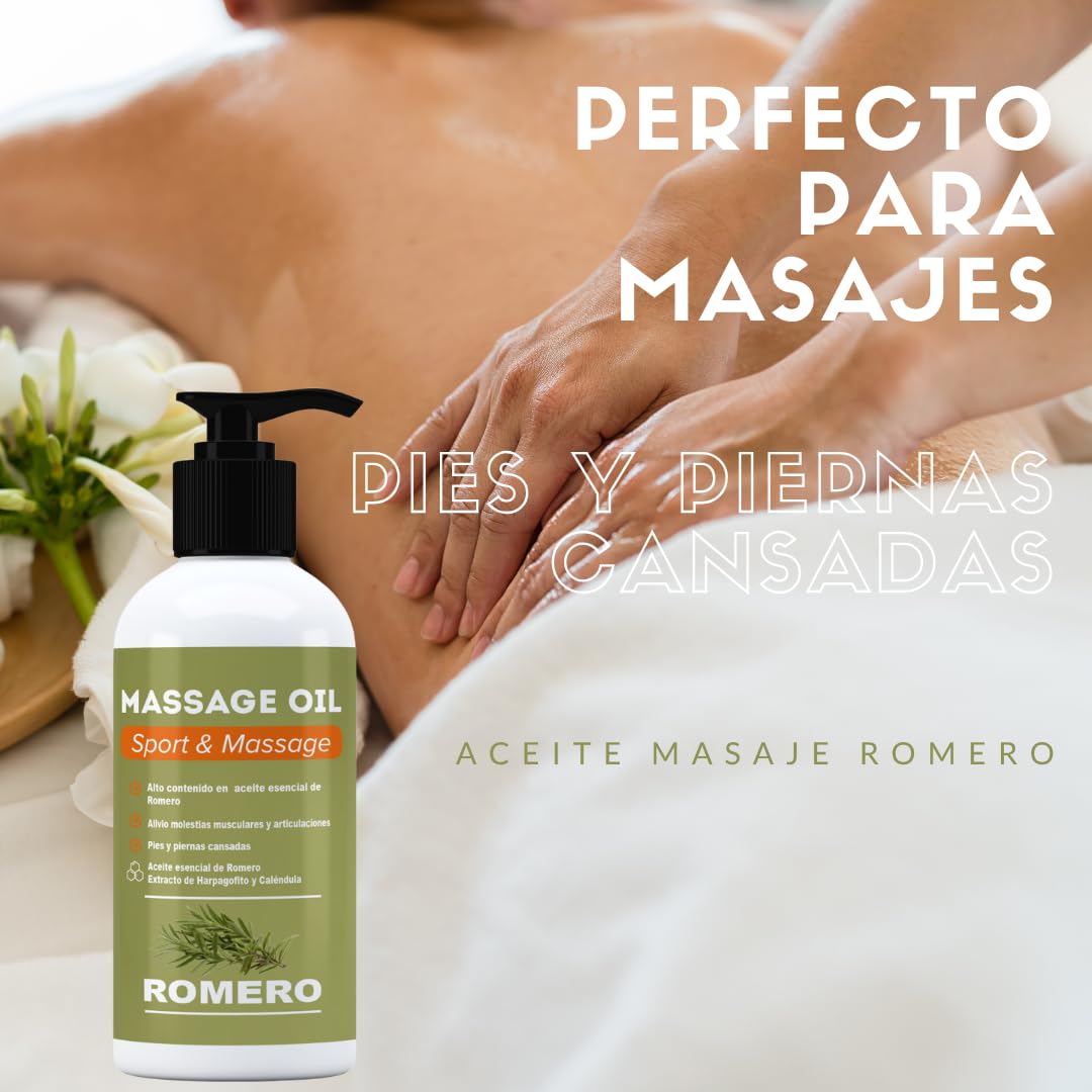 QKnatur - Aceite de ROMERO - Aceite para Masaje con Alto Contenido en Aceite Esencial de Romero y Extractos de Harpagofito y Calendula - Recuperador Muscular (250 ml) Aceite de Romero para Masaje