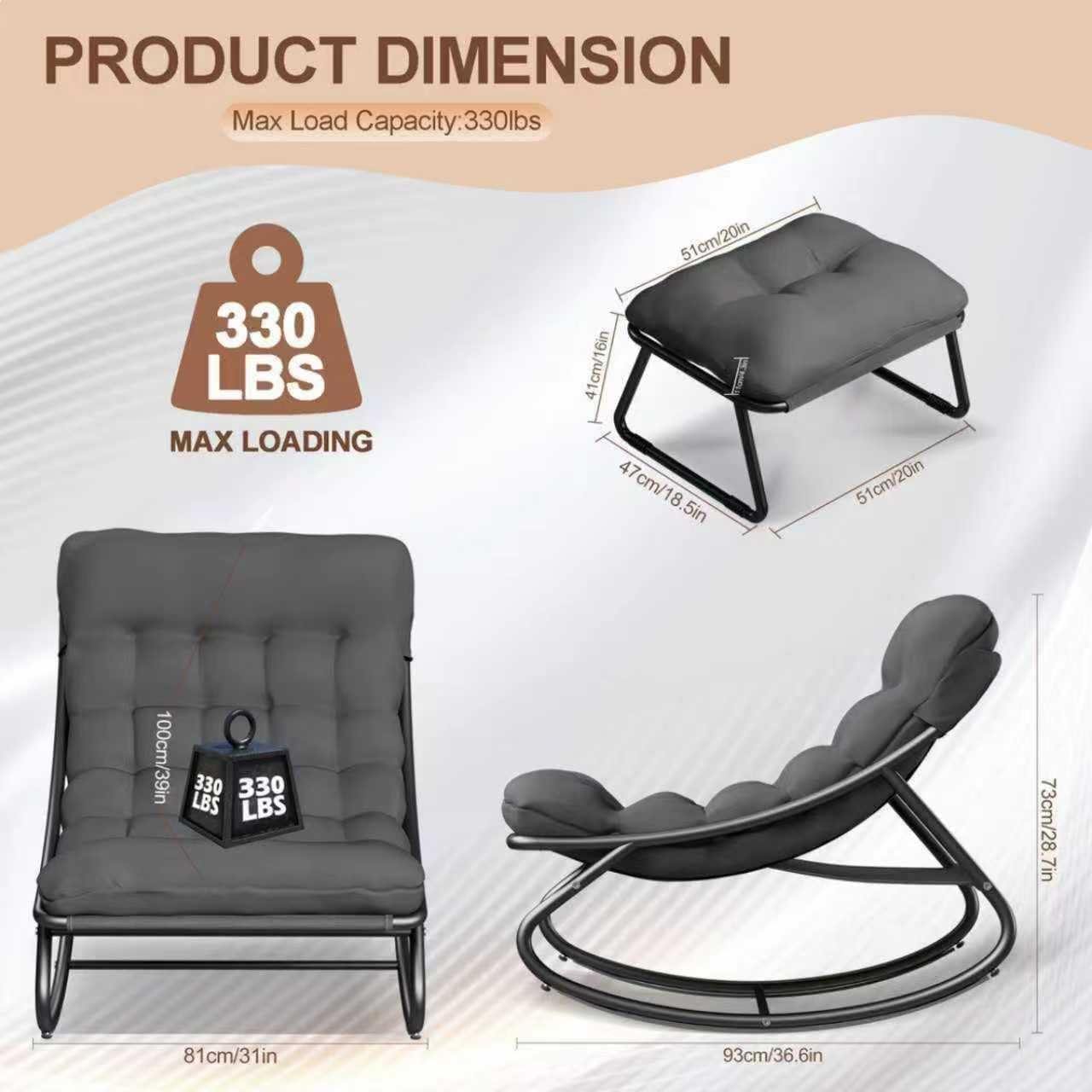 Schaukelstuhl mit Hocker Innen,Loungesessel Outdoor,XXL Schaukelsessel Relaxstuhl, Schaukelstuhl Wohnzimmer, Relaxstuhl mit Gepolstertem Kissen bis 150kg Belastbar, Schaukelliege für Balkon(Grau-yao)