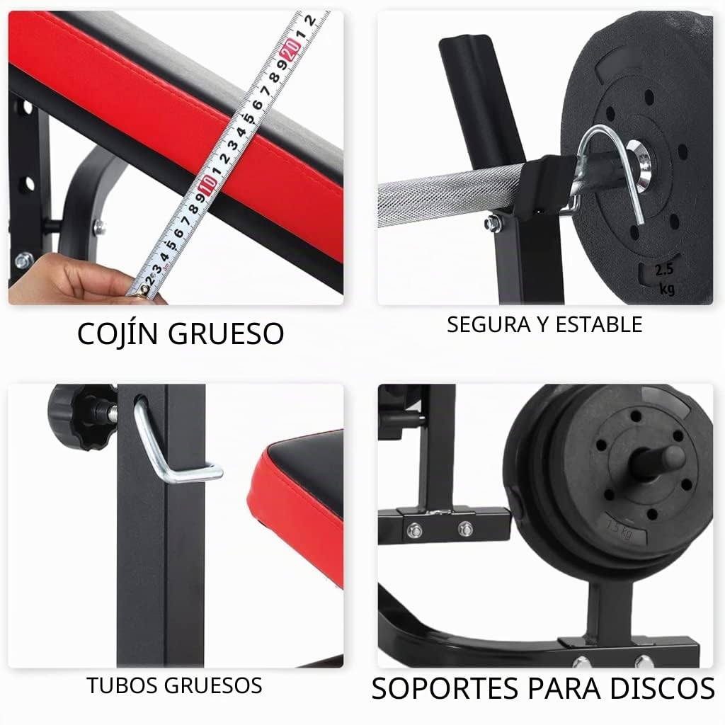 FFitness - Banco de pesas plegable - Multifunción - Ideal para entrenar - Banco de pesas para trabajar pectorales con soporte de barra y respaldo ajustable