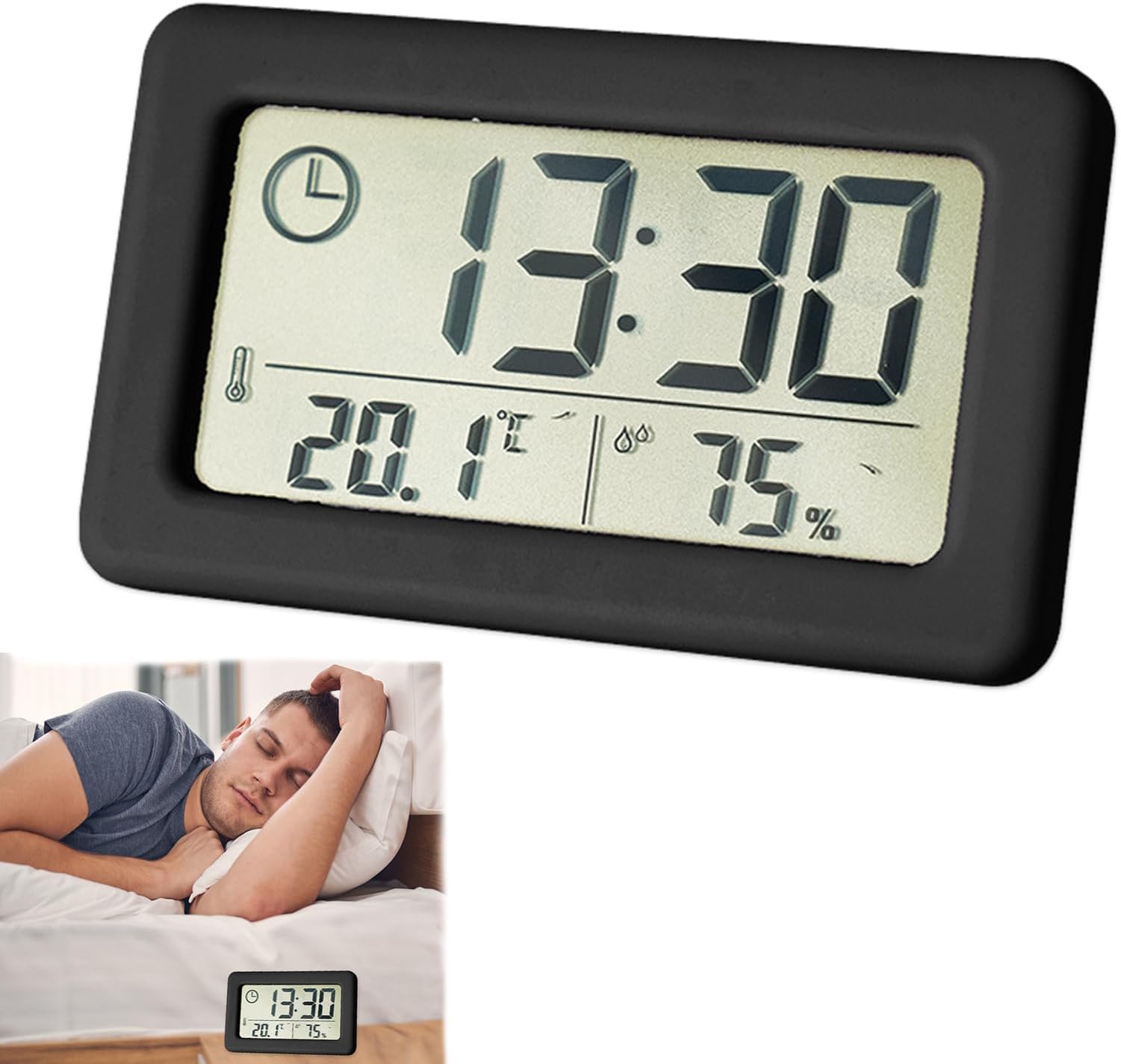 Digital Desk Clock with Day, Date, Temperature, Alarm - Battery Operated for Travel, Home Use, Black