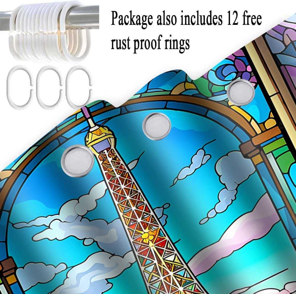 Pairs Eiffel Tower Shower Curtain for Valentines Bathroom Decor Romantic Rose Flower European Churches Art Decor France City Landscape Shower Curtains with 12 Hooks 72x72Inch Washable Polyester