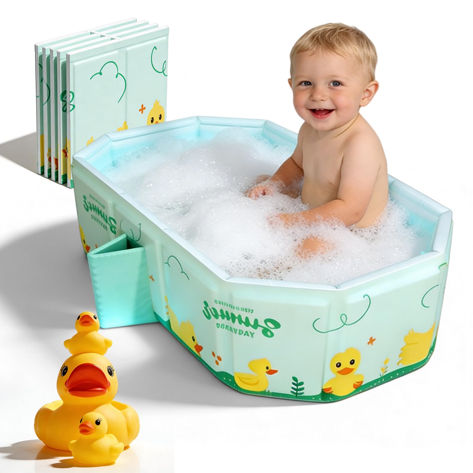 78 x 45 x 30 cm, vasca da bagno pieghevole per bambini: verde menta, grande vasca da bagno con 5 palline oceaniche e 4 anatre giocattolo da 0 a 8 anni, integrata