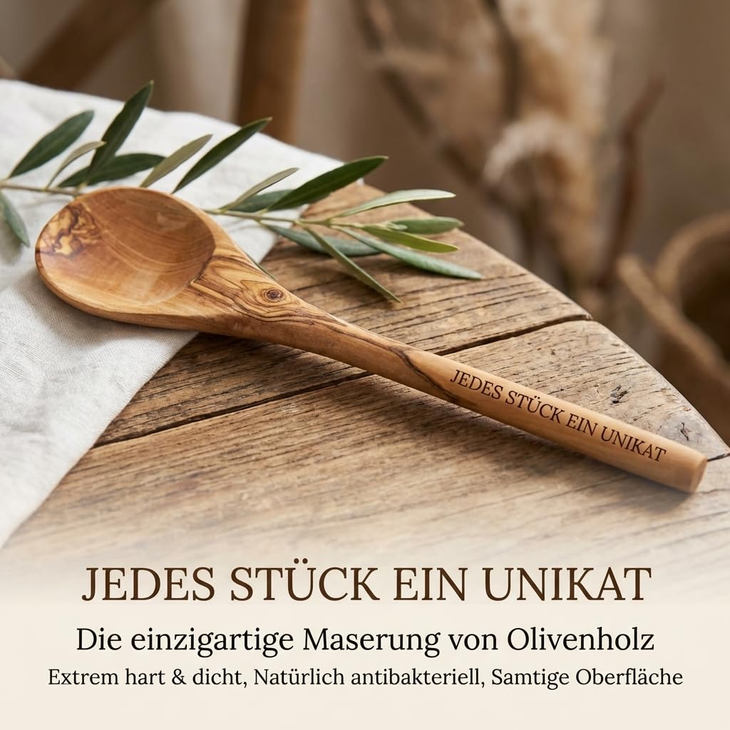 Kochlöffel personalisiert, Olivenholz - Handgemachter Holzkochlöffel mit Gravur als individuelles Geschenk