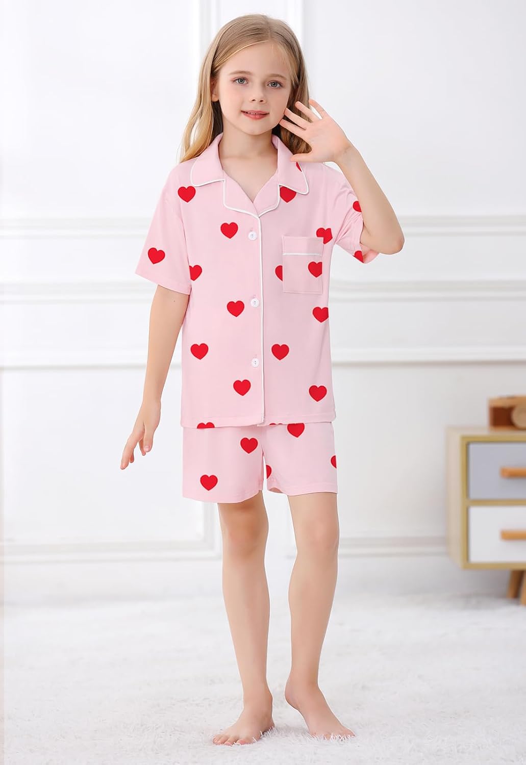 Umeyda Modal Pajamas Set for Girls, Soft 2 Pieces Button Down Sleepwear Loungewear Outfit, Heart Pink, 5-6 Years = 130 - Image 3