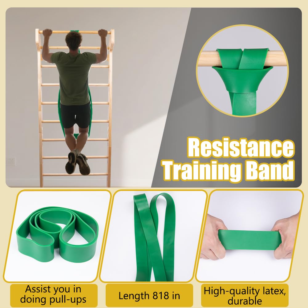 Wood Swedish Ladder with 11 Strategic Rods,Withstands up to 330 lbs,Stall Bar,Include Exercise Straps+Pull-Up Resistance Band+Pull-Up Bar,31.5”*86.6”,Wall Mounted,Stretching and Various Exercises,Indoor Home School Gym Fitness