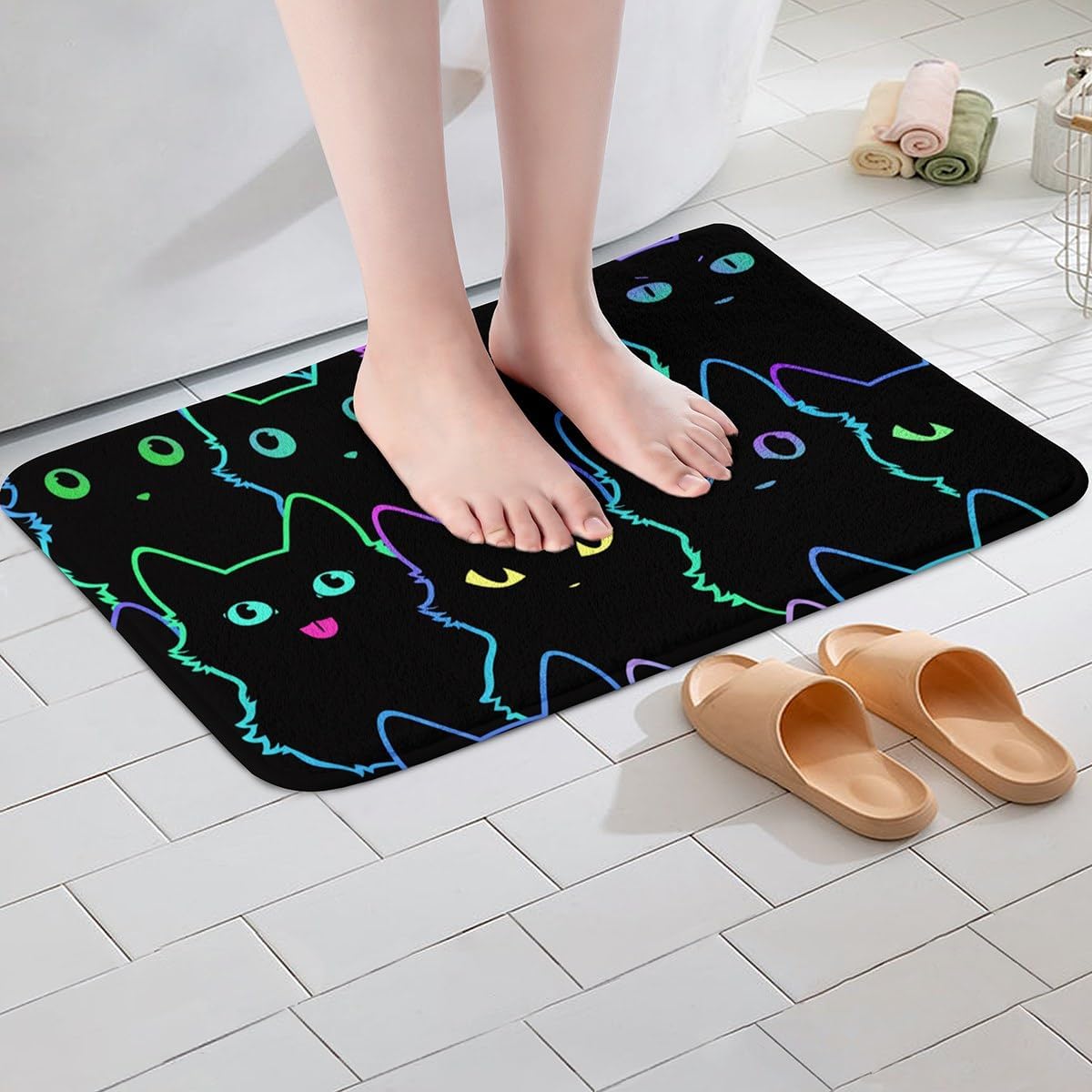 Erosebridal Neon Black Cat Bathroom Rugs for Girls Kids Boys,Colorful Funny Cat Bath Rugs Kawaii Bathroom Decor,Cartoon Cats Bath Mat for Cat Lovers,Gradient Line Door Mat 16"x24" image 2