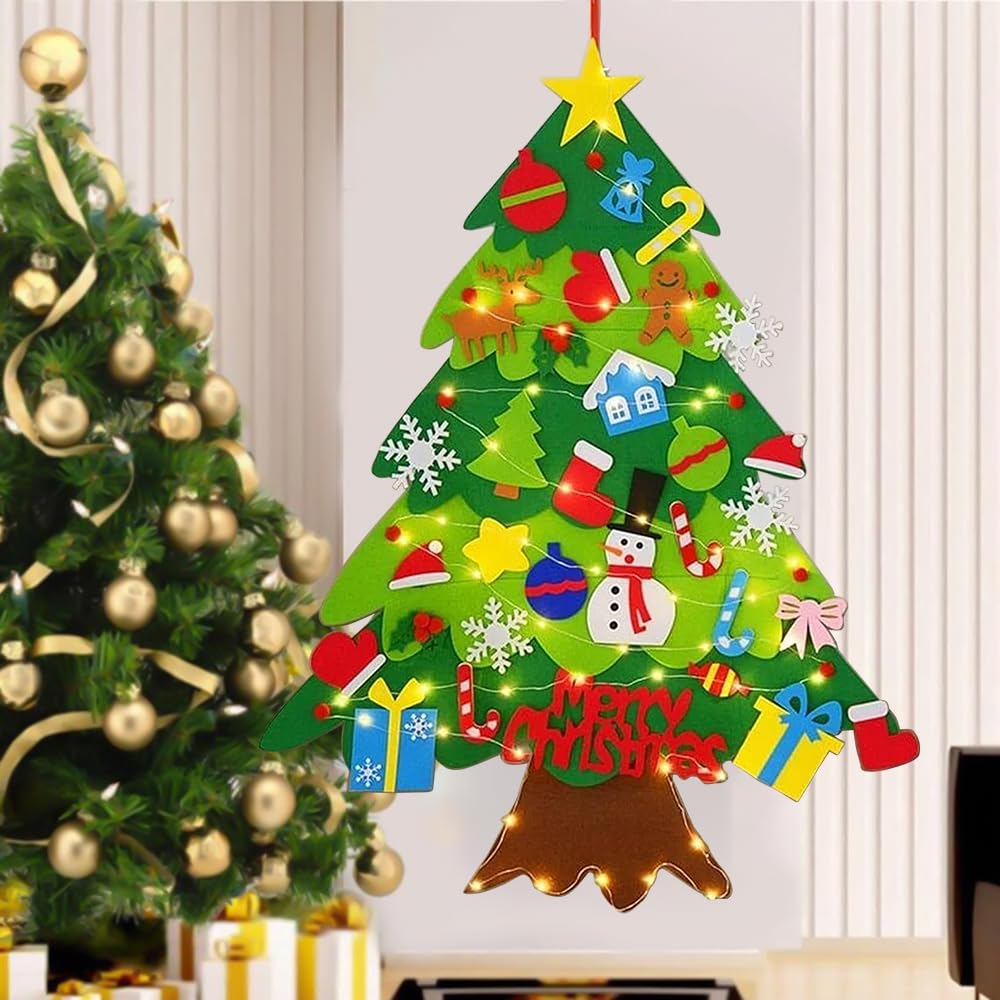 Sapin De Noël En Feutre Wuyue Hua – 32 Décorations à Accrocher, Guirlande LED Offerte, Pour Les Petits Dès 2 Ans